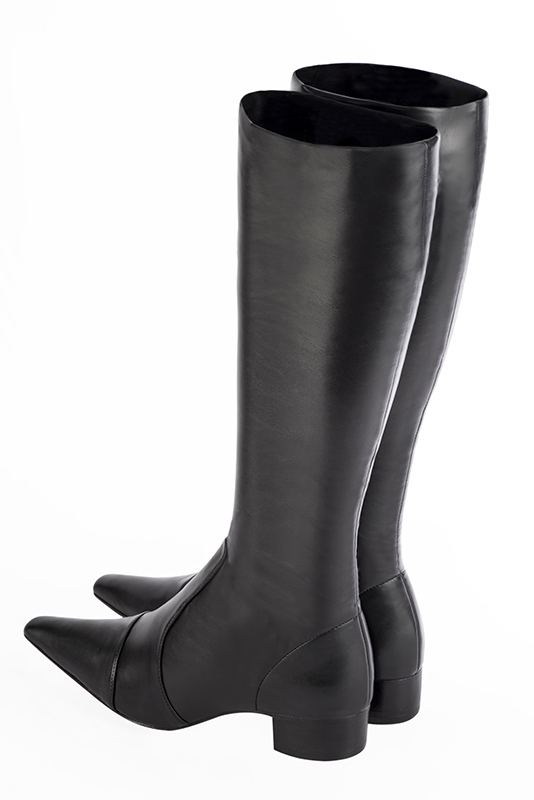 Satin black women's feminine knee-high boots. Tapered toe. Low leather soles. Made to measure. Rear view - Florence KOOIJMAN